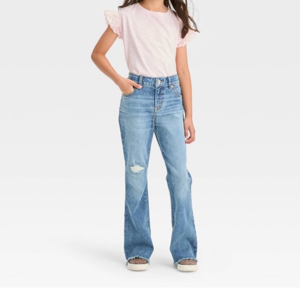 Cat & Jack Girls Size 10 High Rise Distressed Flare Jeans Raw Hem NWT